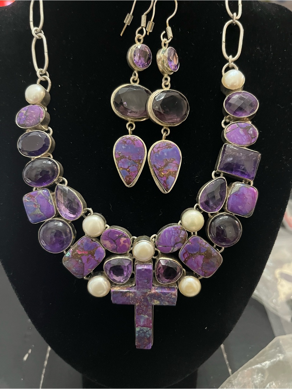 Purple Stone Cross Necklace with Matching Earrings - Women Jewelry